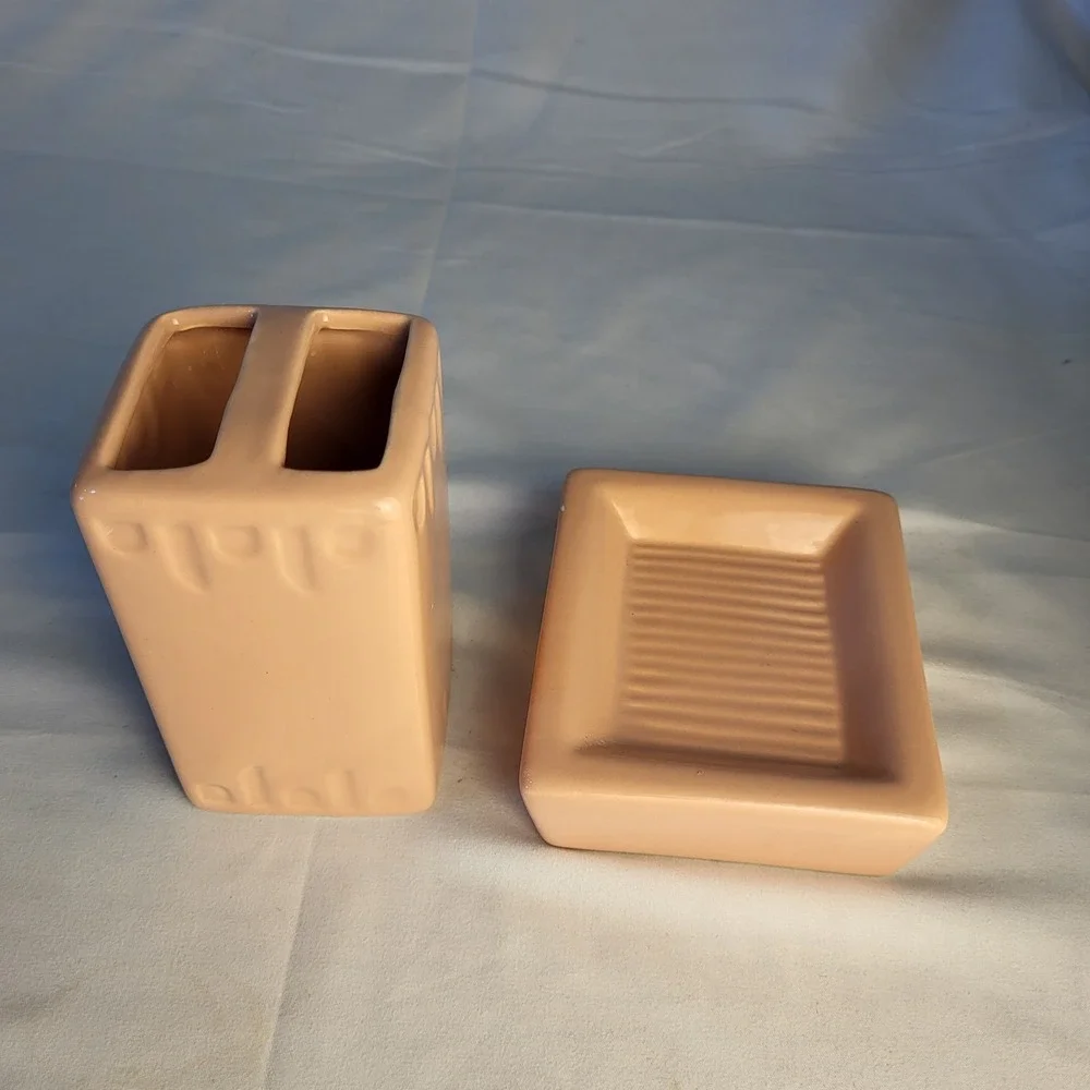 MCM Coral/Pink Ceramic Toothbrush Holder and Soap Dish